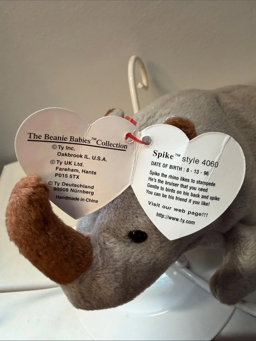 NWT Ty Spike the Rhino Gray Beanie Plush with Red Heart Tag